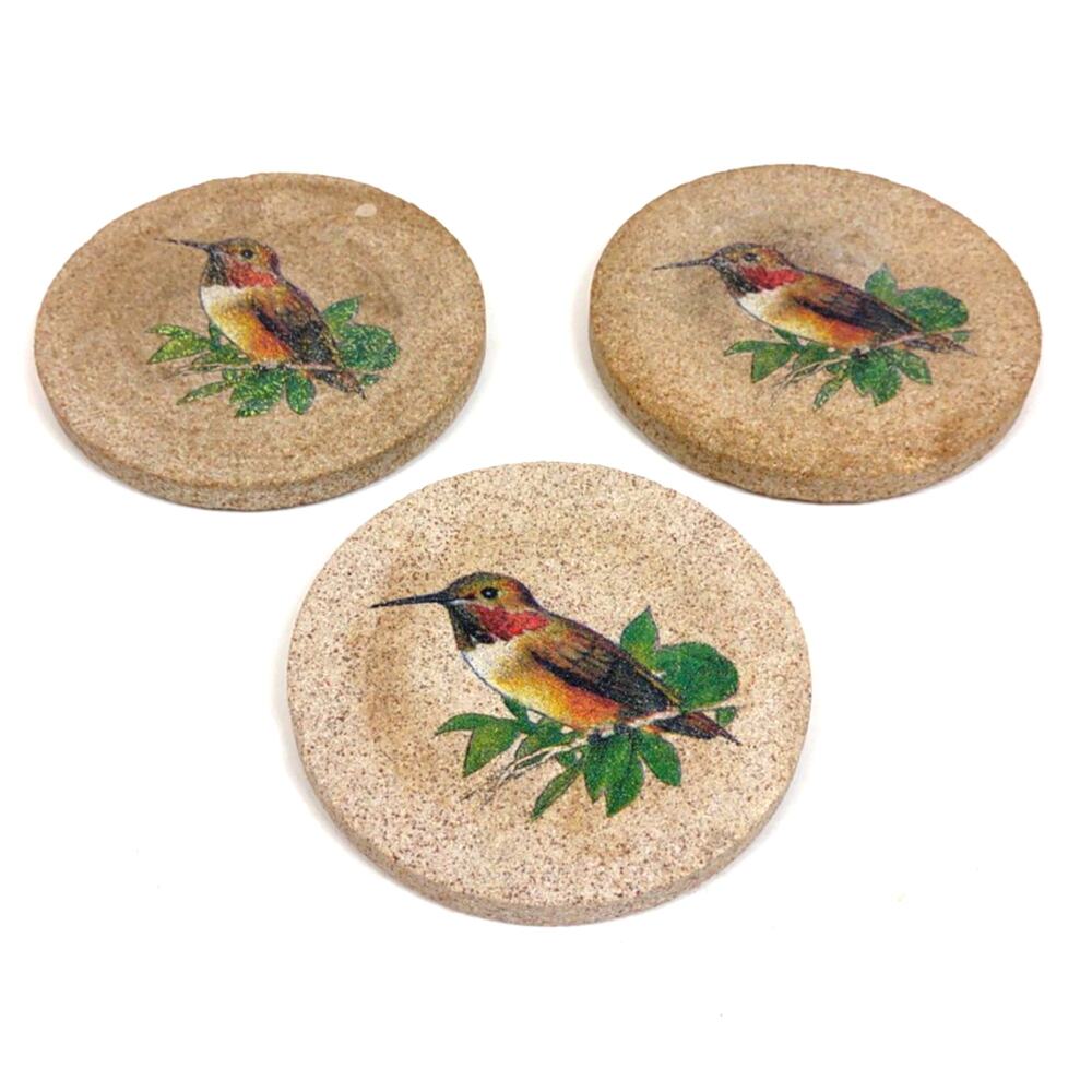 VTG ThirstyStone Hummingbird Coasters Set of 3 Sandstone Drink Bar Cork Back